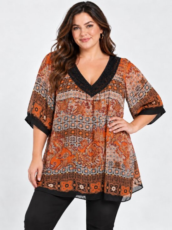 Lane Bryant Tops - Lane Bryant 18/20 Boho Paisley Tunic Blouse Orange Black Crochet Neck Plus Size